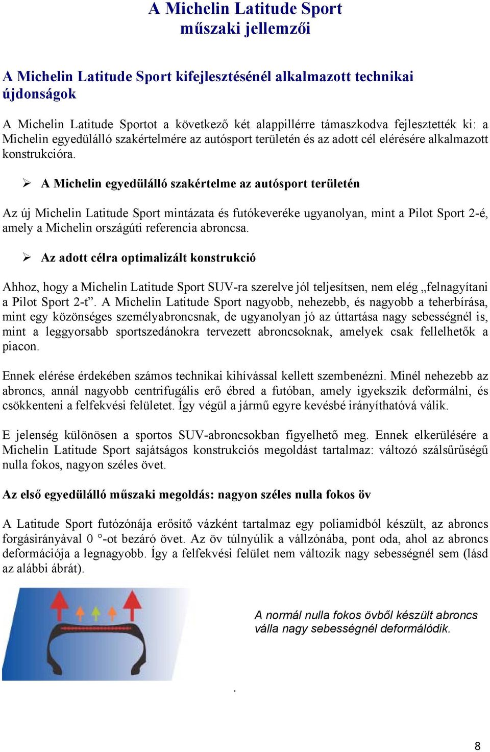 A Michelin egyedülálló szakértelme az autósport területén Az új Michelin Latitude Sport mintázata és futókeveréke ugyanolyan, mint a Pilot Sport 2-é, amely a Michelin országúti referencia abroncsa.