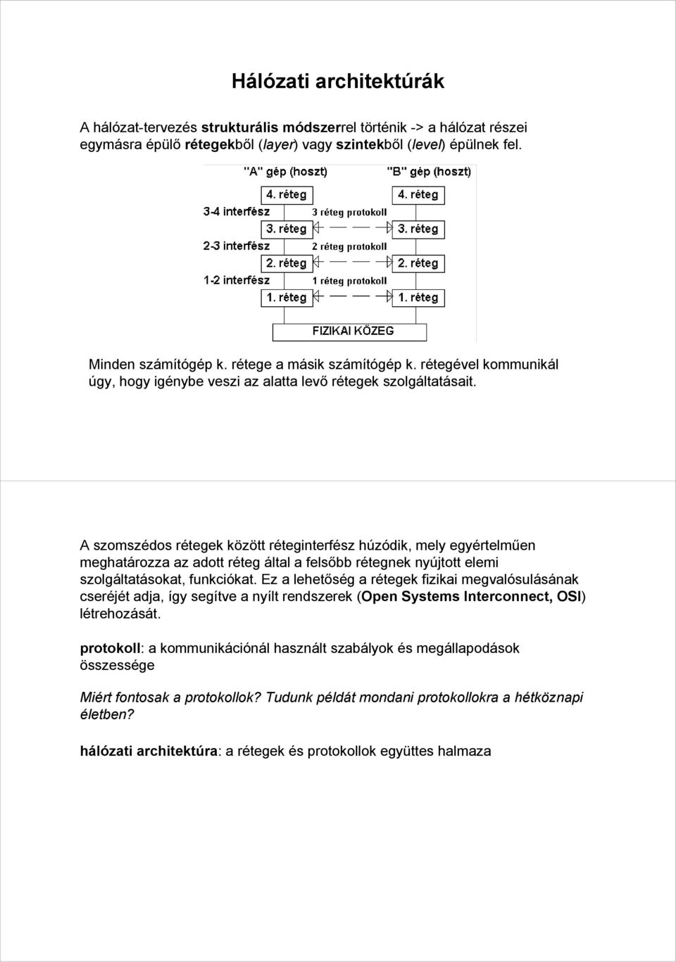 A szomszédos rétegek között réteginterfész húzódik, mely egyértelműen meghatározza az adott réteg által a felsőbb rétegnek nyújtott elemi szolgáltatásokat, funkciókat.