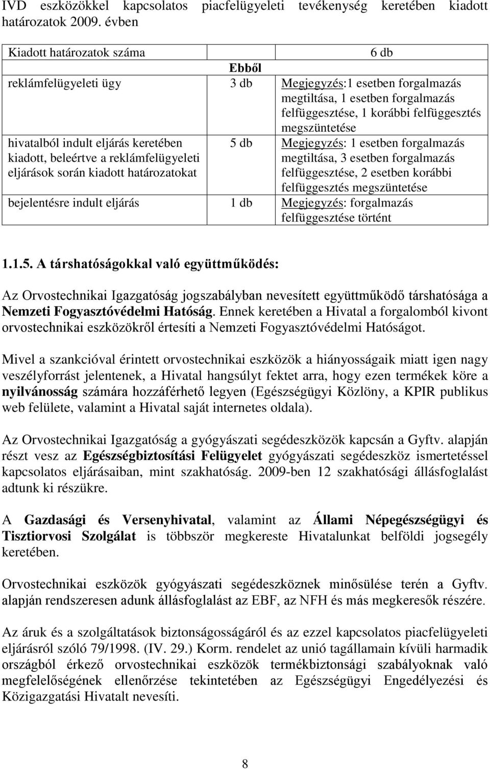 hivatalból indult eljárás keretében kiadott, beleértve a reklámfelügyeleti eljárások során kiadott határozatokat 5 db Megjegyzés: 1 esetben forgalmazás megtiltása, 3 esetben forgalmazás