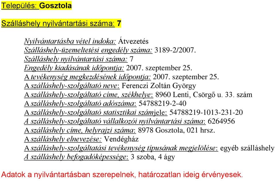 A szálláshely-szolgáltató neve: Ferenczi Zoltán György A szálláshely-szolgáltató címe, székhelye: 8960 Lenti, Csörgő u. 33.