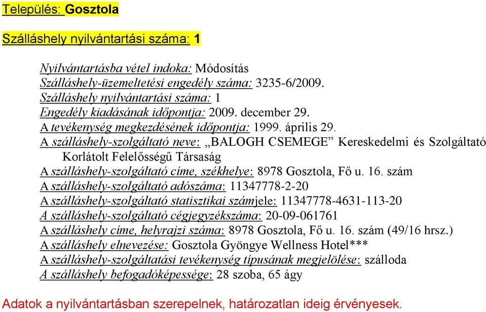 A szálláshely-szolgáltató neve: BALOGH CSEMEGE Kereskedelmi és Szolgáltató Korlátolt Felelősségű Társaság A szálláshely-szolgáltató címe, székhelye: 8978 Gosztola, Fő u. 16.