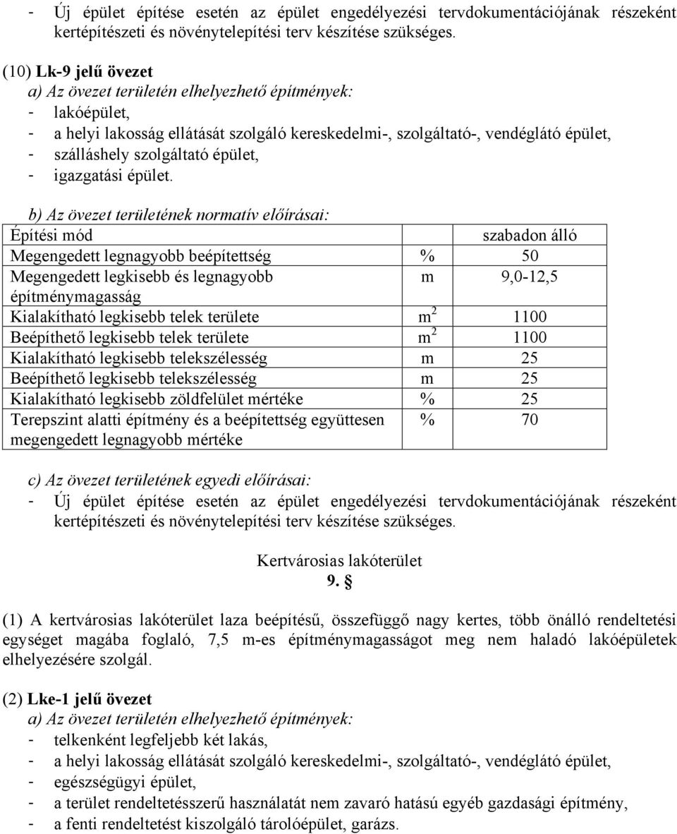 szabadon álló Megengedett legnagyobb beépítettség % 50 m 9,0-12,5 Kialakítható legkisebb telek területe m 2 1100 Beépíthető legkisebb telek területe m 2 1100 Kialakítható legkisebb telekszélesség m