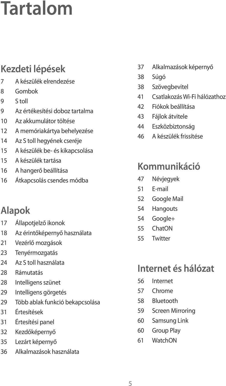 Tenyérmozgatás 24 Az S toll használata 28 Rámutatás 28 Intelligens szünet 29 Intelligens görgetés 29 Több ablak funkció bekapcsolása 31 Értesítések 31 Értesítési panel 32 Kezdőképernyő 35 Lezárt