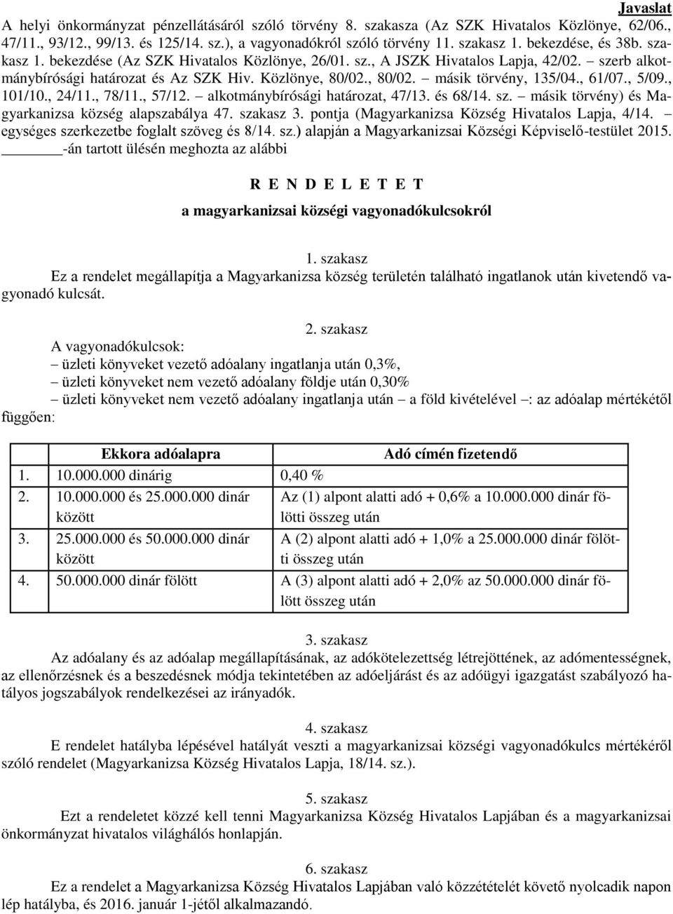 , 61/07., 5/09., 101/10., 24/11., 78/11., 57/12. alkotmánybírósági határozat, 47/13. és 68/14. sz. másik törvény) és Magyarkanizsa község alapszabálya 47. szakasz 3.