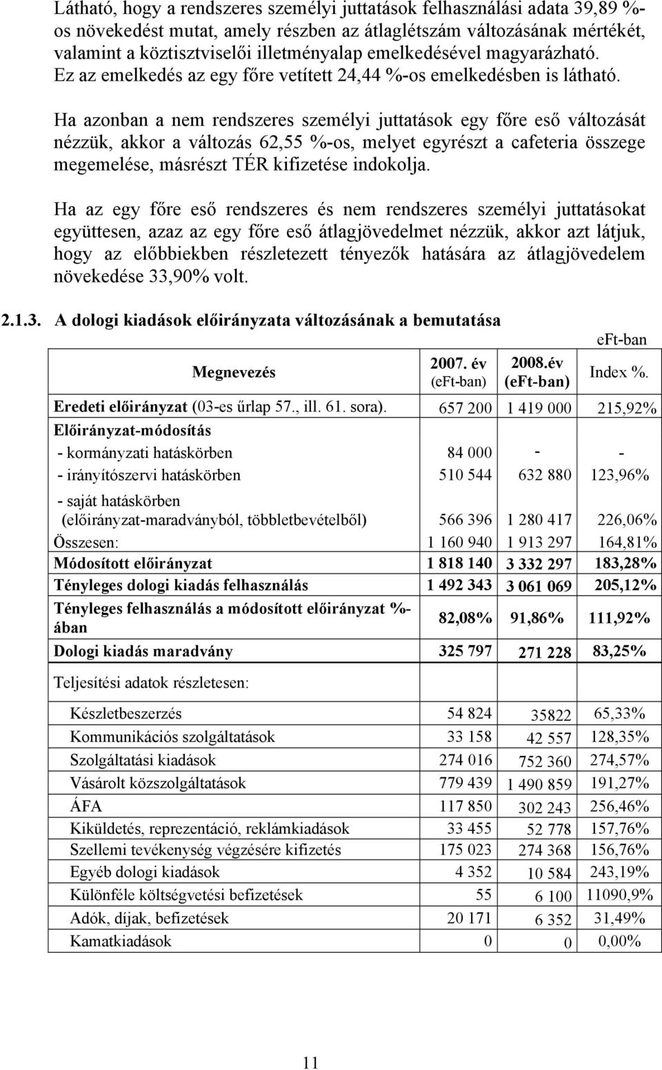 Ha azonban a nem rendszeres személyi juttatások egy főre eső változását nézzük, akkor a változás 62,55 %-os, melyet egyrészt a cafeteria összege megemelése, másrészt TÉR kifizetése indokolja.