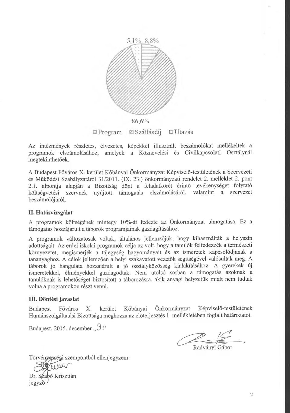 2011. (IX. 23.) önkormányzati rendelet 2. melléklet 2. pont 2.1. alpontja alapján a Bizottság dönt a feladatkörét érintő tevékenységet folytató költségvetési szervnek nyújtott támogatás elszámolásától, valamint a szervezet beszámoló j áról.