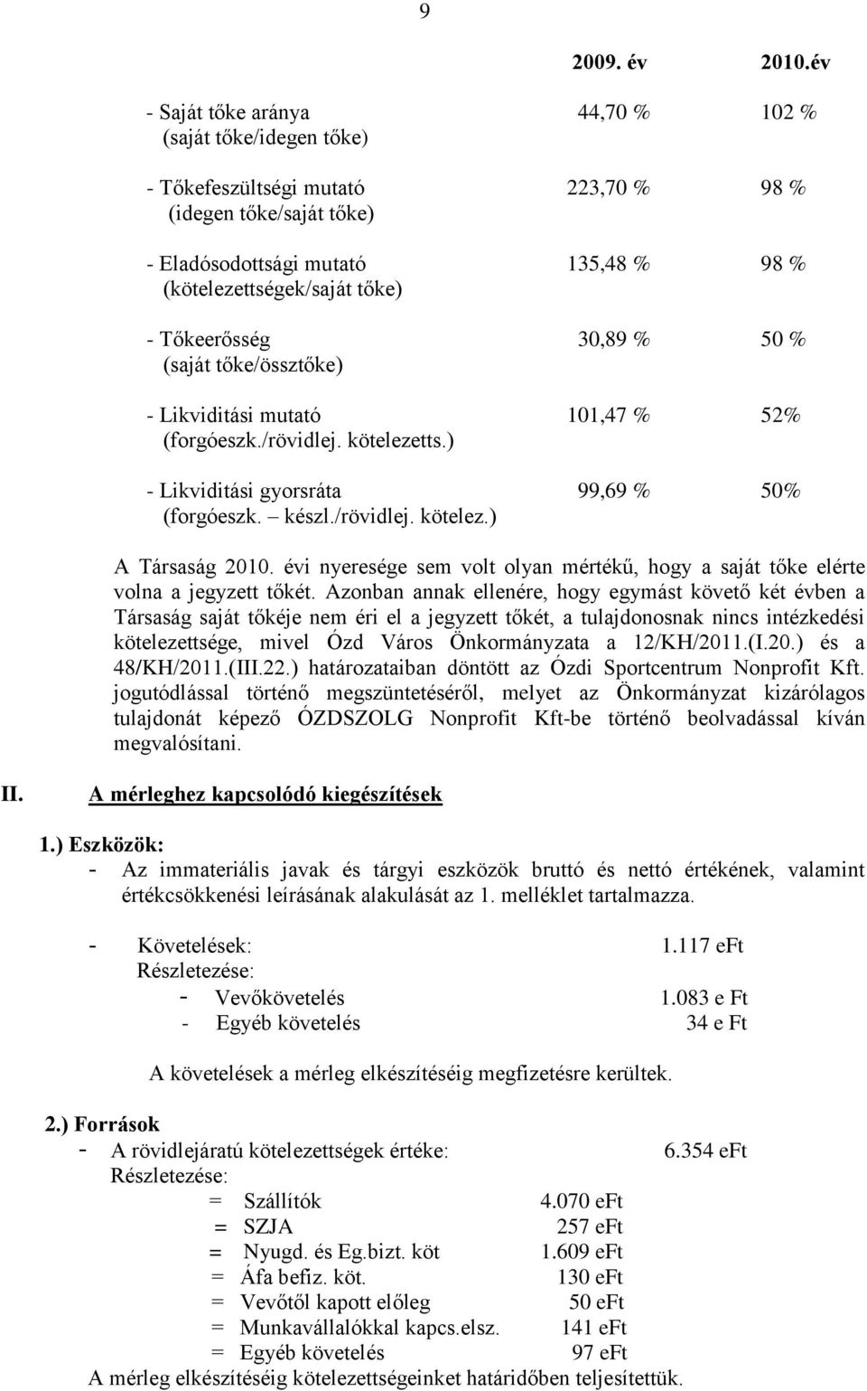 Tőkeerősség 30,89 % 50 % (saját tőke/össztőke) - Likviditási mutató 101,47 % 52% (forgóeszk./rövidlej. kötelezetts.) - Likviditási gyorsráta 99,69 % 50% (forgóeszk. készl./rövidlej. kötelez.) A Társaság 2010.