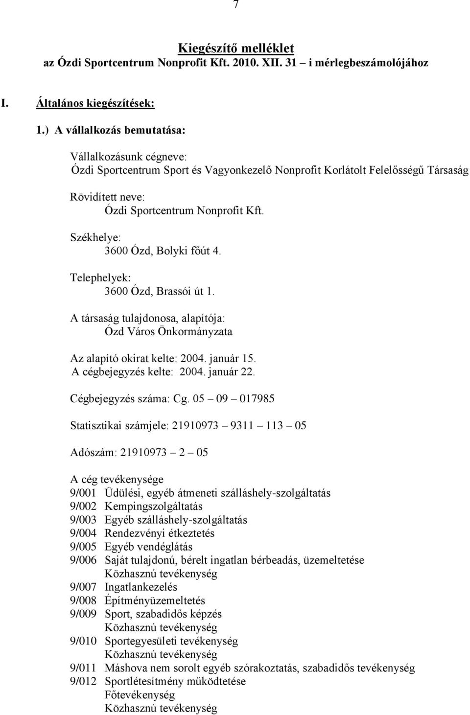 Székhelye: 3600 Ózd, Bolyki főút 4. Telephelyek: 3600 Ózd, Brassói út 1. A társaság tulajdonosa, alapítója: Ózd Város Önkormányzata Az alapító okirat kelte: 2004. január 15.