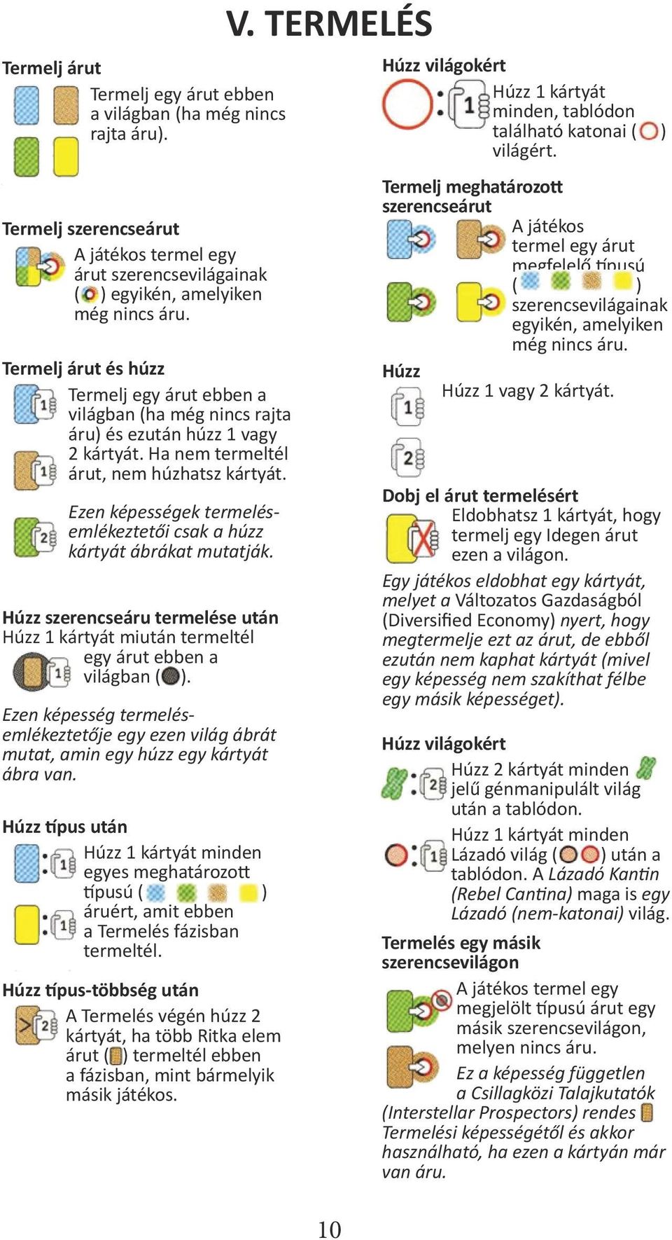 Ezen képességek termelésemlékeztetői csak a húzz kártyát ábrákat mutatják. Húzz szerencseáru termelése után Húzz 1 kártyát miután termeltél egy árut ebben a világban ( ).