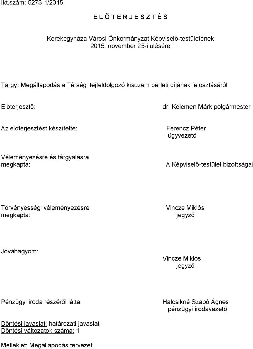 Kelemen Márk polgármester Az előterjesztést készítette: Ferencz Péter ügyvezető Véleményezésre és tárgyalásra megkapta: A Képviselő-testület bizottságai