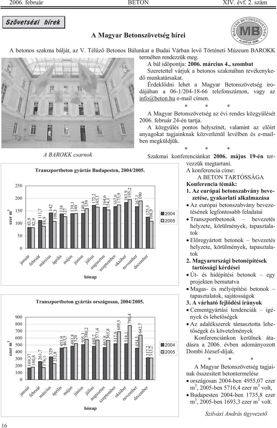 Érdekl dni lehet a Magyar Betonszövetség irodájában a 06-1/204-18-66 telefonszámon, vagy az info@beton.hu e-mail címen. * * * A Magyar Betonszövetség az évi rendes közgy lését 2006.