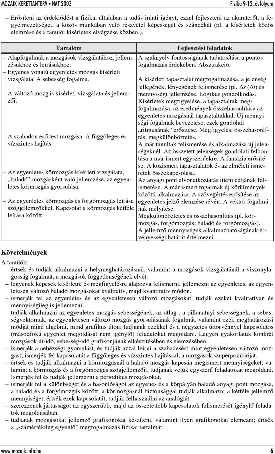 A sebesség fogalma. A változó mozgás kísérleti vizsgálata és jellemzõi. A szabadon esõ test mozgása. A függõleges és vízszintes hajítás.