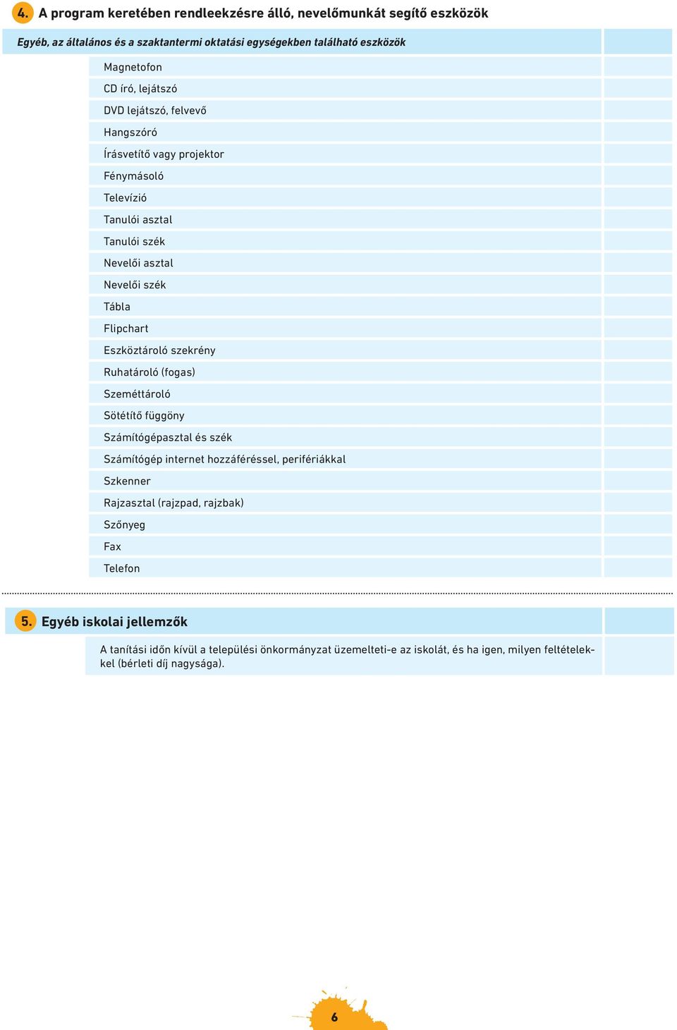 szekrény Ruhatároló (fogas) Szeméttároló Sötétítő függöny Számítógépasztal és szék Számítógép internet hozzáféréssel, perifériákkal Szkenner Rajzasztal (rajzpad, rajzbak)