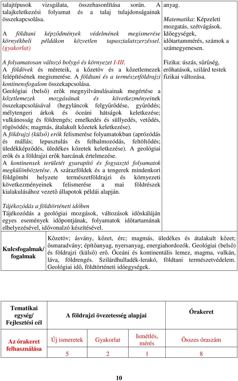 A földövek és méreteik, a kőzetöv és a kőzetlemezek felépítésének megismerése. A földtani és a természetföldrajzi kontinensfogalom összekapcsolása.