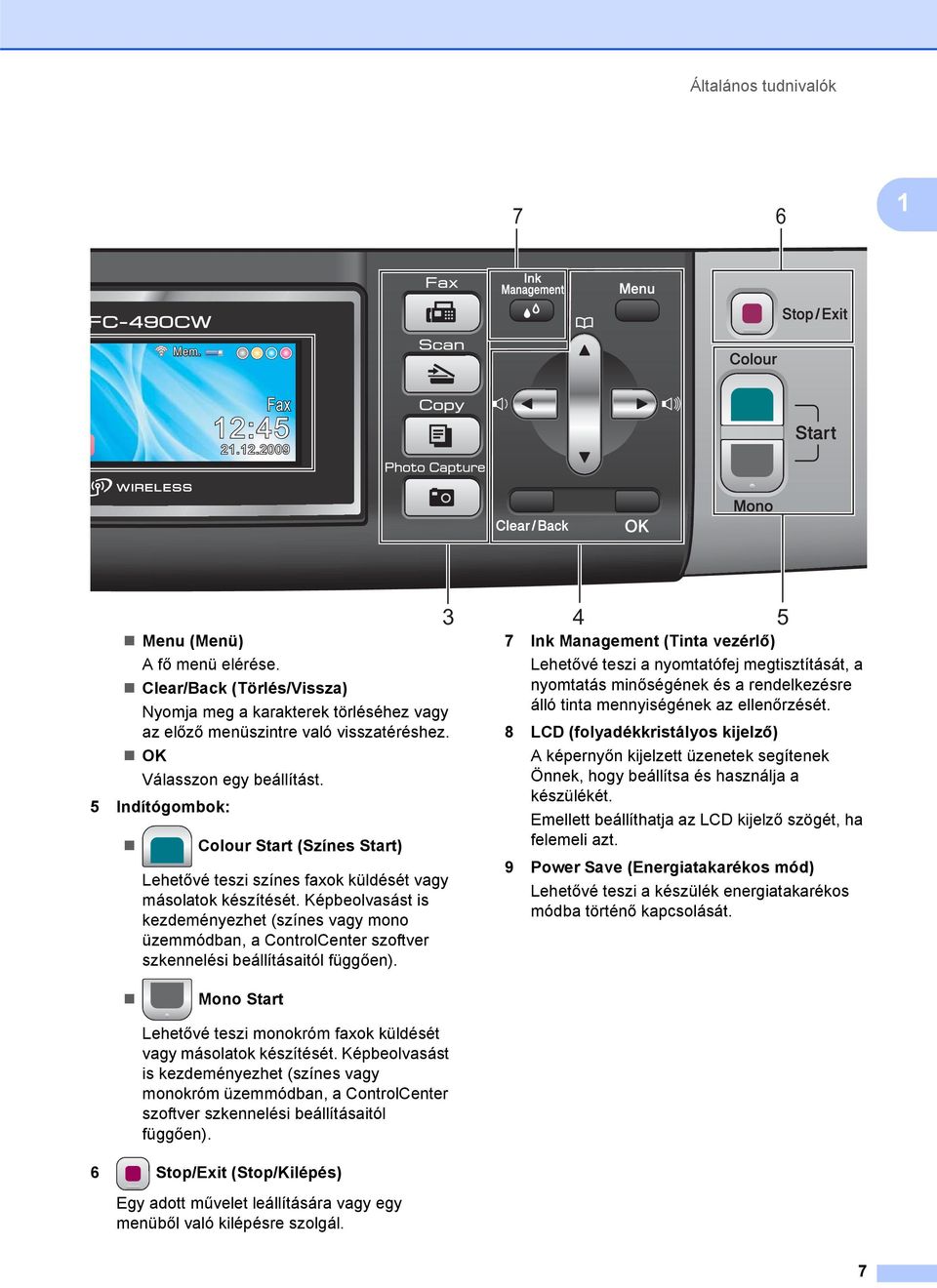 Képbeolvasást is kezdeményezhet (színes vagy mono üzemmódban, a ControlCenter szoftver szkennelési beállításaitól függően). Mono Start Lehetővé teszi monokróm faxok küldését vagy másolatok készítését.