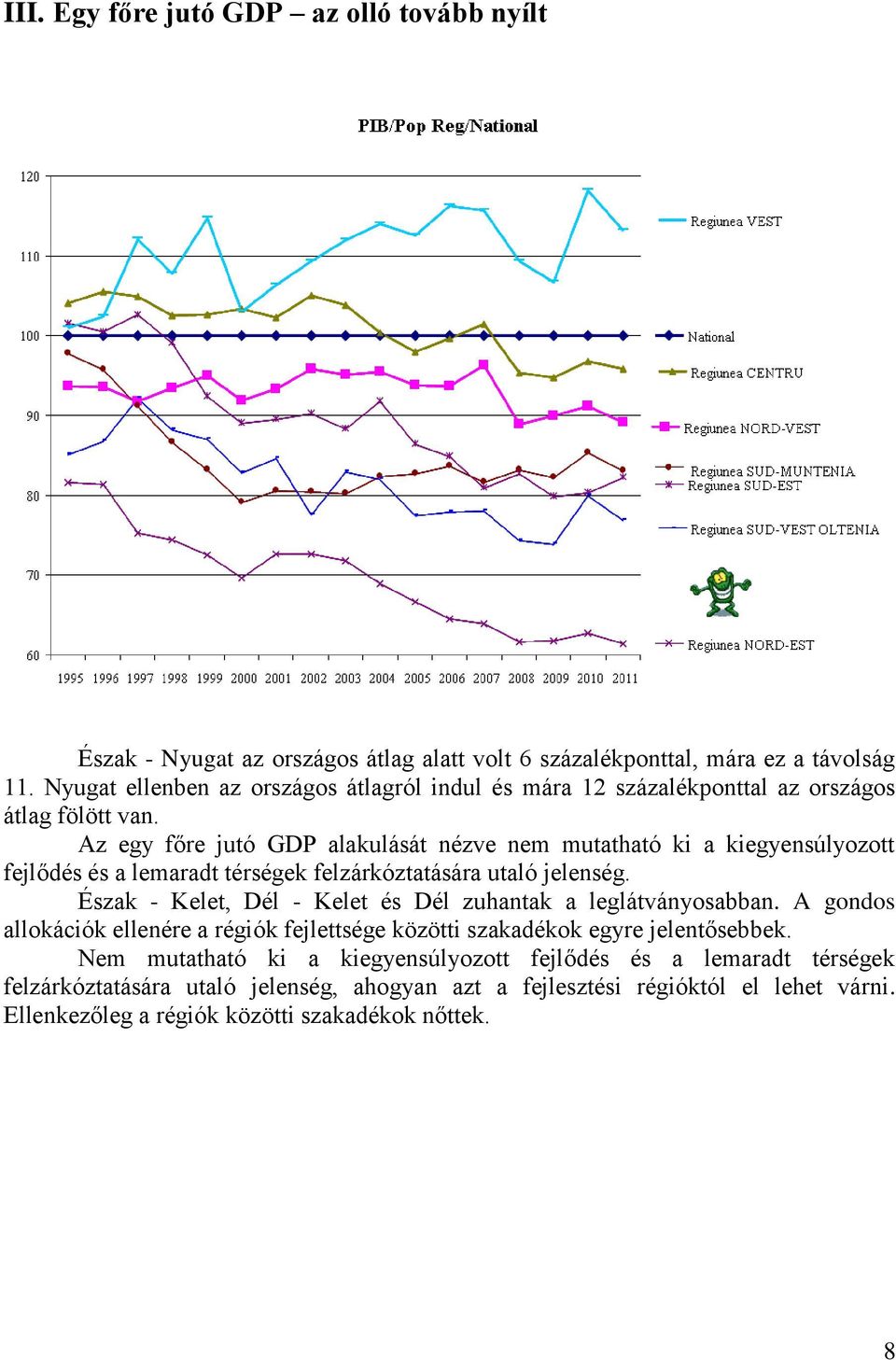 Az egy főre jutó GDP alakulását nézve nem mutatható ki a kiegyensúlyozott fejlődés és a lemaradt térségek felzárkóztatására utaló jelenség.