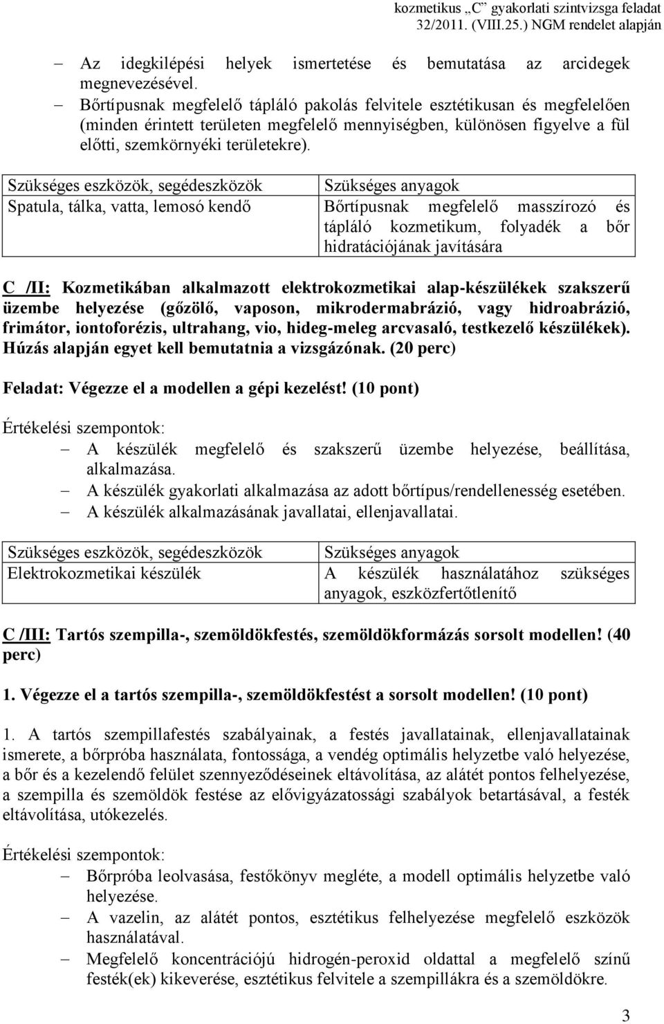 Spatula, tálka, vatta, lemosó kendő Bőrtípusnak megfelelő masszírozó és tápláló kozmetikum, folyadék a bőr hidratációjának javítására C /II: Kozmetikában alkalmazott elektrokozmetikai alap-készülékek