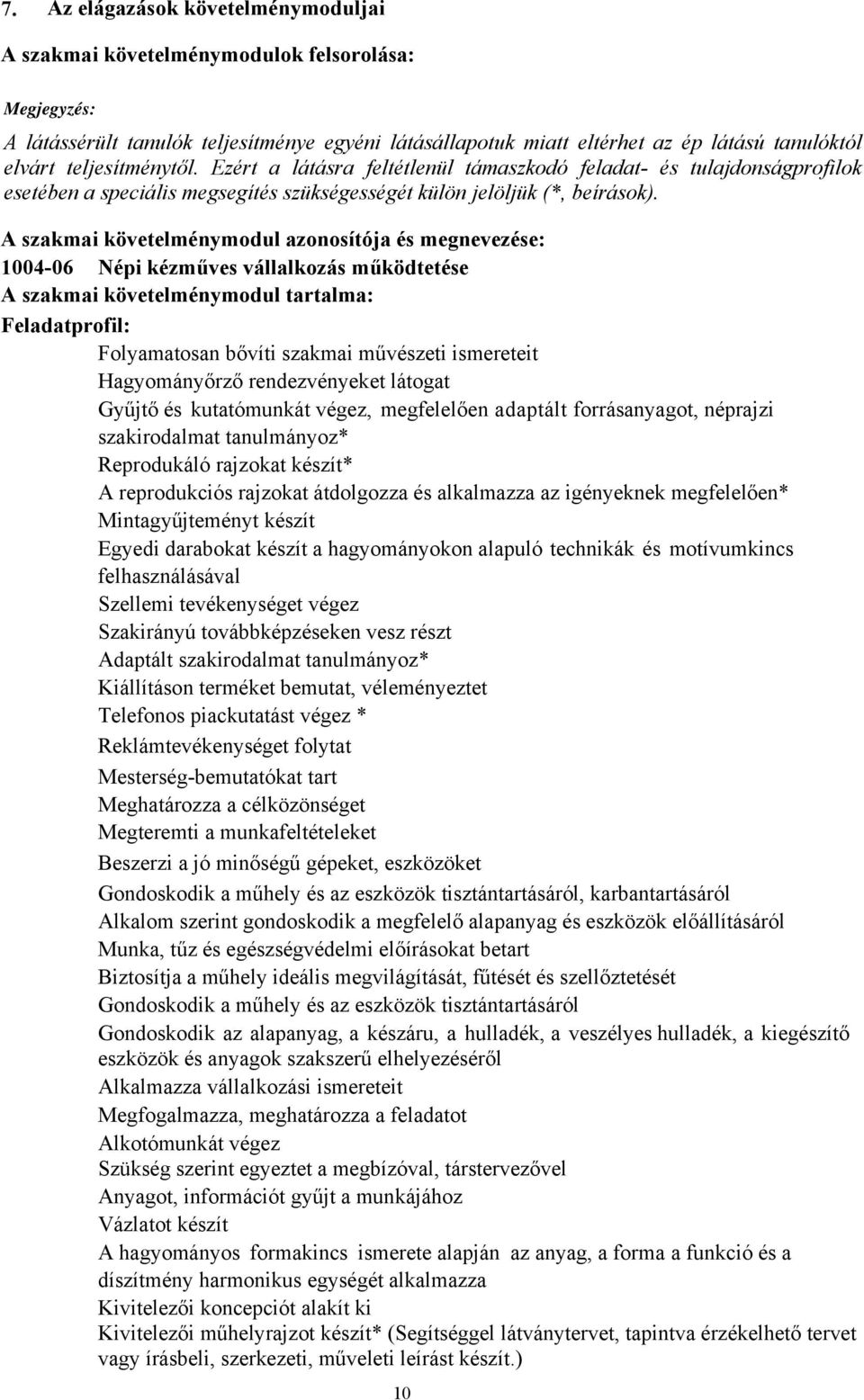 A szakmai követelménymodul azonosítója és megnevezése: 1004-06 Népi kézműves vállalkozás működtetése A szakmai követelménymodul tartalma: Feladatprofil: Folyamatosan bővíti szakmai művészeti