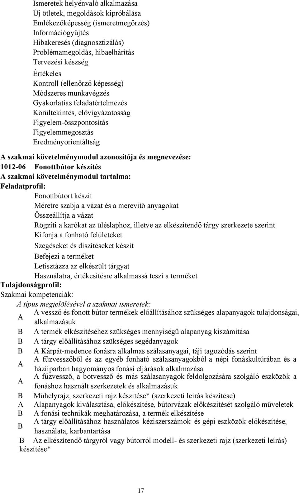 szakmai követelménymodul azonosítója és megnevezése: 1012-06 Fonottbútor készítés A szakmai követelménymodul tartalma: Feladatprofil: Fonottbútort készít Méretre szabja a vázat és a merevítő