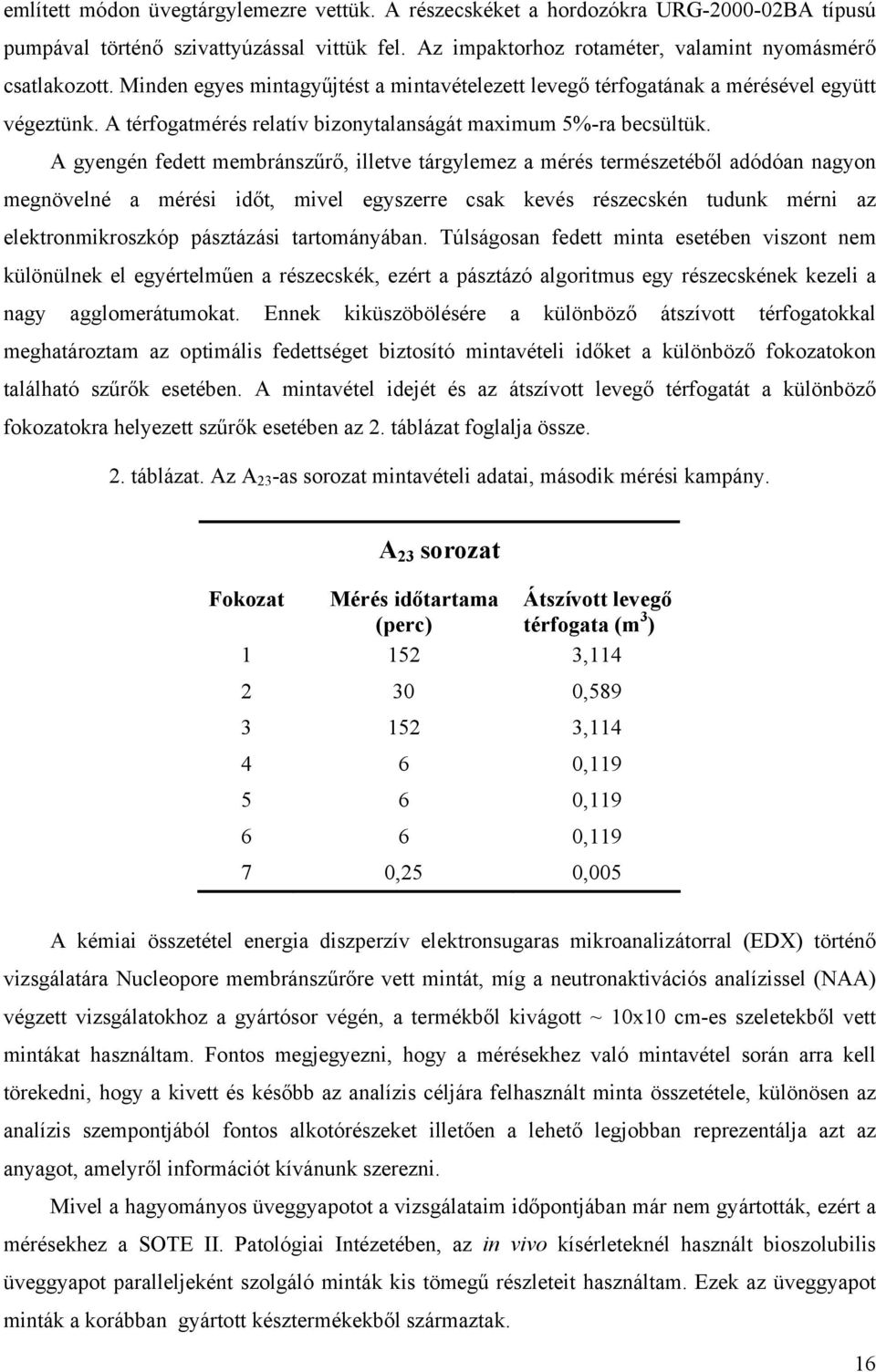 A gyengén fedett membránszűrő, illete tárgylemez a mérés természetéből adódóan nagyon megnöelné a mérési időt, miel egyszerre csak keés részecskén tudunk mérni az elektronmikroszkóp pásztázási