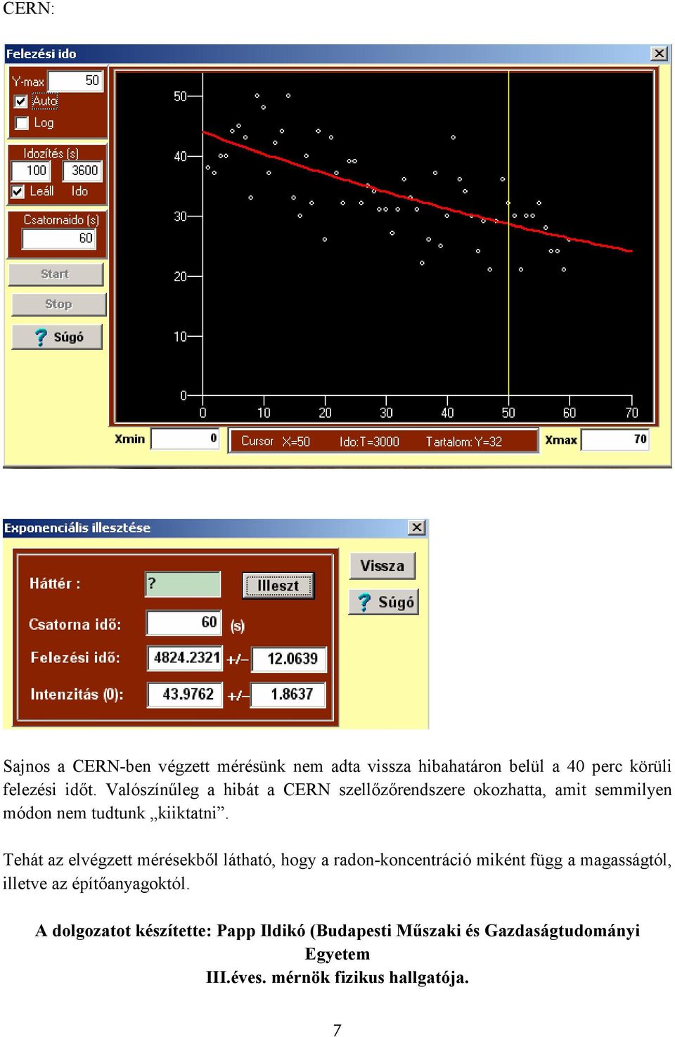 Tehát az elvégzett mérésekbıl látható, hogy a radon-koncentráció miként függ a magasságtól, illetve az