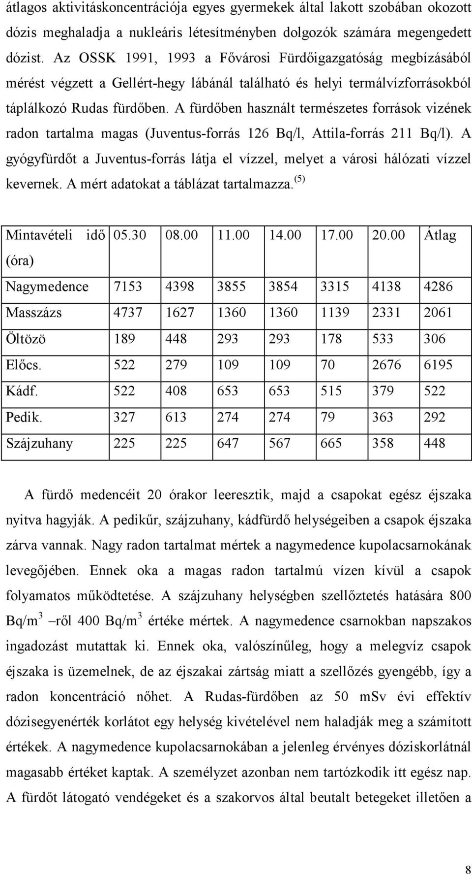 A fürdıben használt természetes források vizének radon tartalma magas (Juventus-forrás 126 Bq/l, Attila-forrás 211 Bq/l).