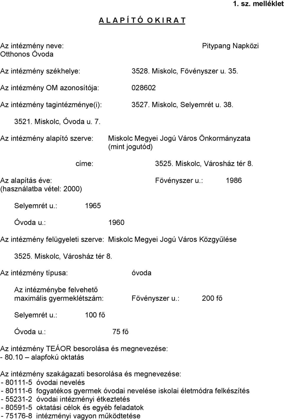 Az alapítás éve: Fövényszer u.: 1986 (használatba vétel: 2000) Selyemrét u.: 1965 Óvoda u.: 1960 Az intézmény felügyeleti szerve: Miskolc Megyei Jogú Város Közgyűlése 3525. Miskolc, Városház tér 8.