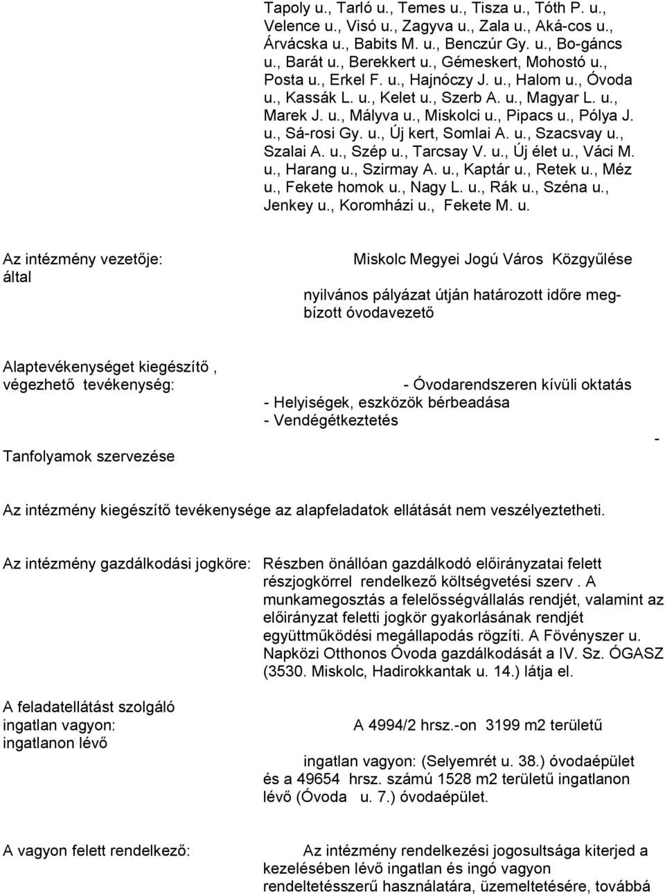 u., Új kert, Somlai A. u., Szacsvay u., Szalai A. u., Szép u., Tarcsay V. u., Új élet u., Váci M. u., Harang u., Szirmay A. u., Kaptár u., Retek u., Méz u., Fekete homok u., Nagy L. u., Rák u.