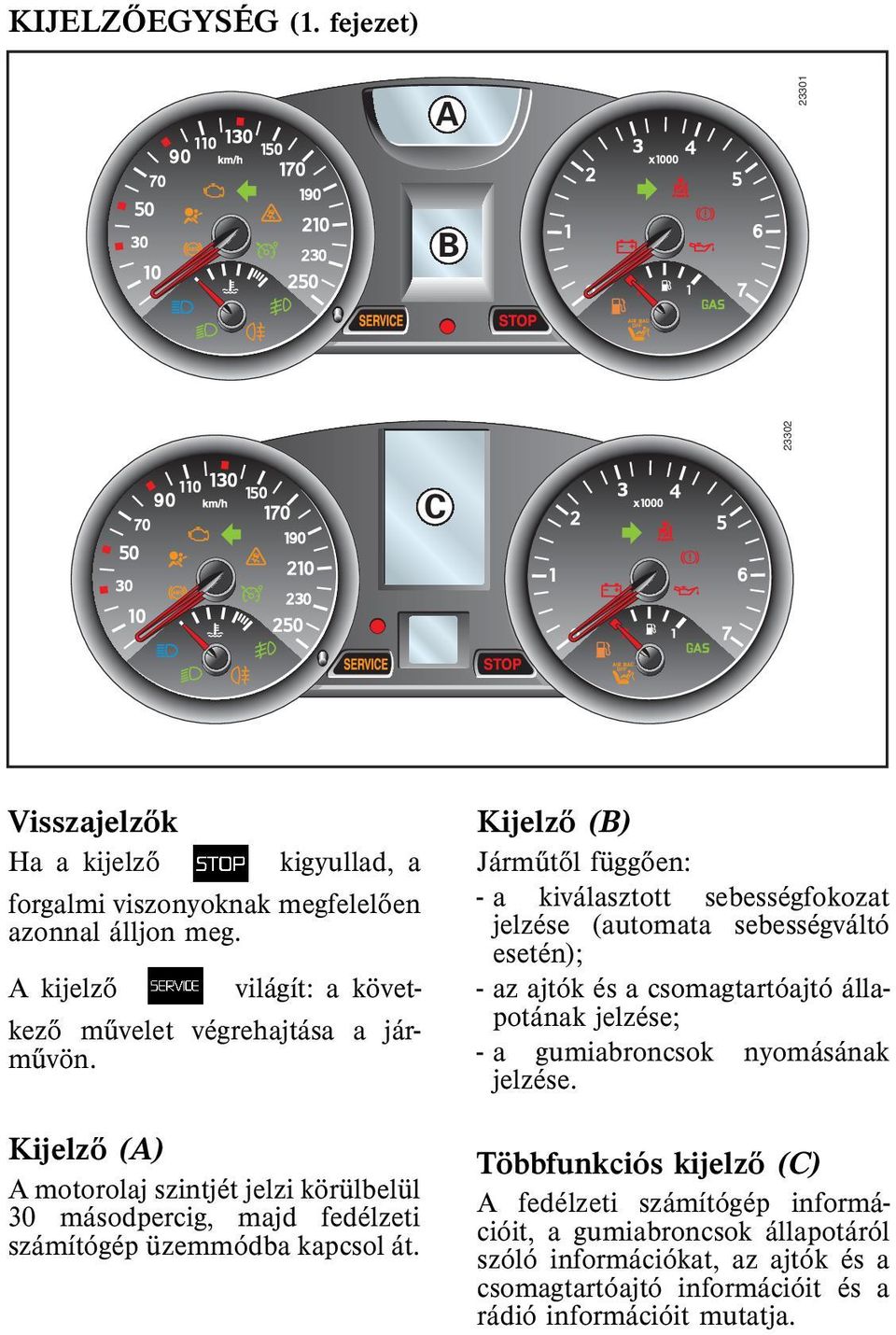 Kijelzõ (A) A motorolaj szintjét jelzi körülbelül 30 másodpercig, majd fedélzeti számítógép üzemmódba kapcsolát.
