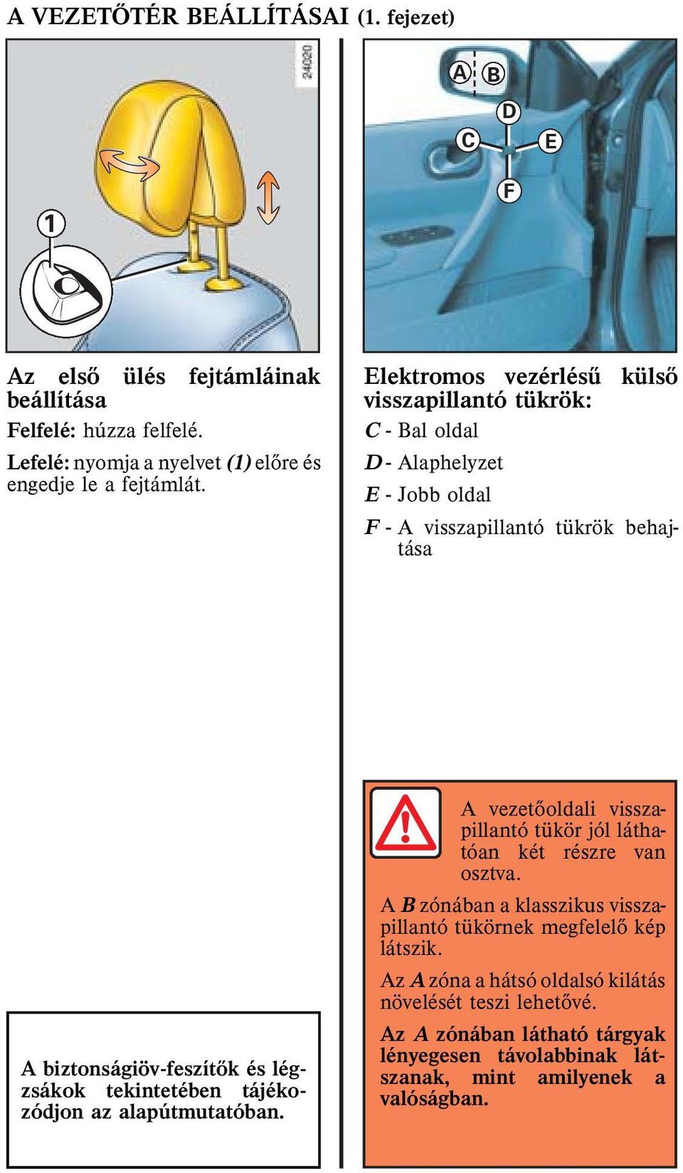 Elektromos vezérlésû külsõ visszapillantó tükrök: C -Baloldal D -Alaphelyzet E -Jobboldal F - A visszapillantó tükrök behajtása A biztonságiöv-feszítõk és légzsákok