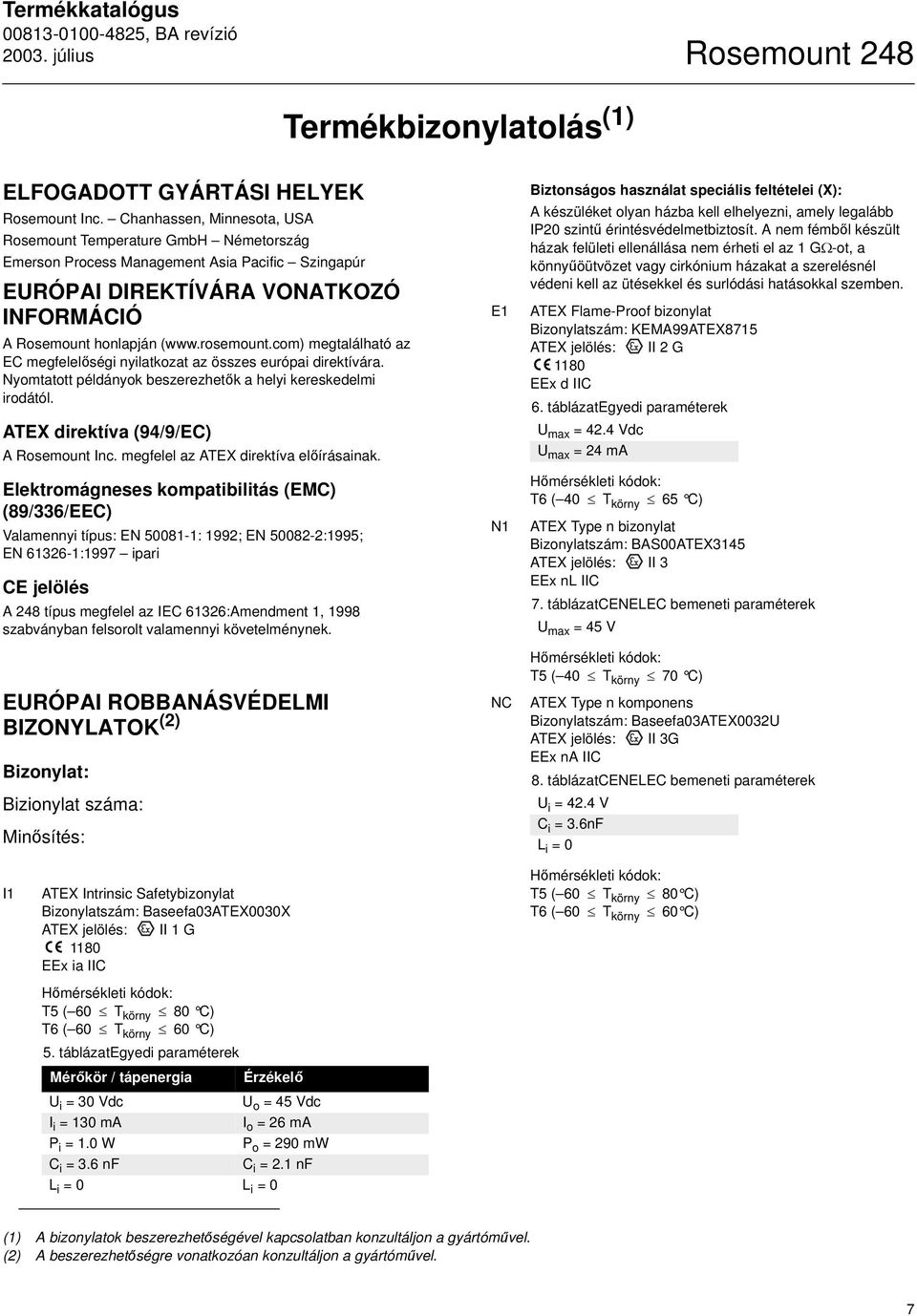 com) megtalálható az EC megfelelőségi nyilatkozat az összes európai direktívára. Nyomtatott példányok beszerezhetők a helyi kereskedelmi irodától. ATEX direktíva (94/9/EC) A Rosemount Inc.