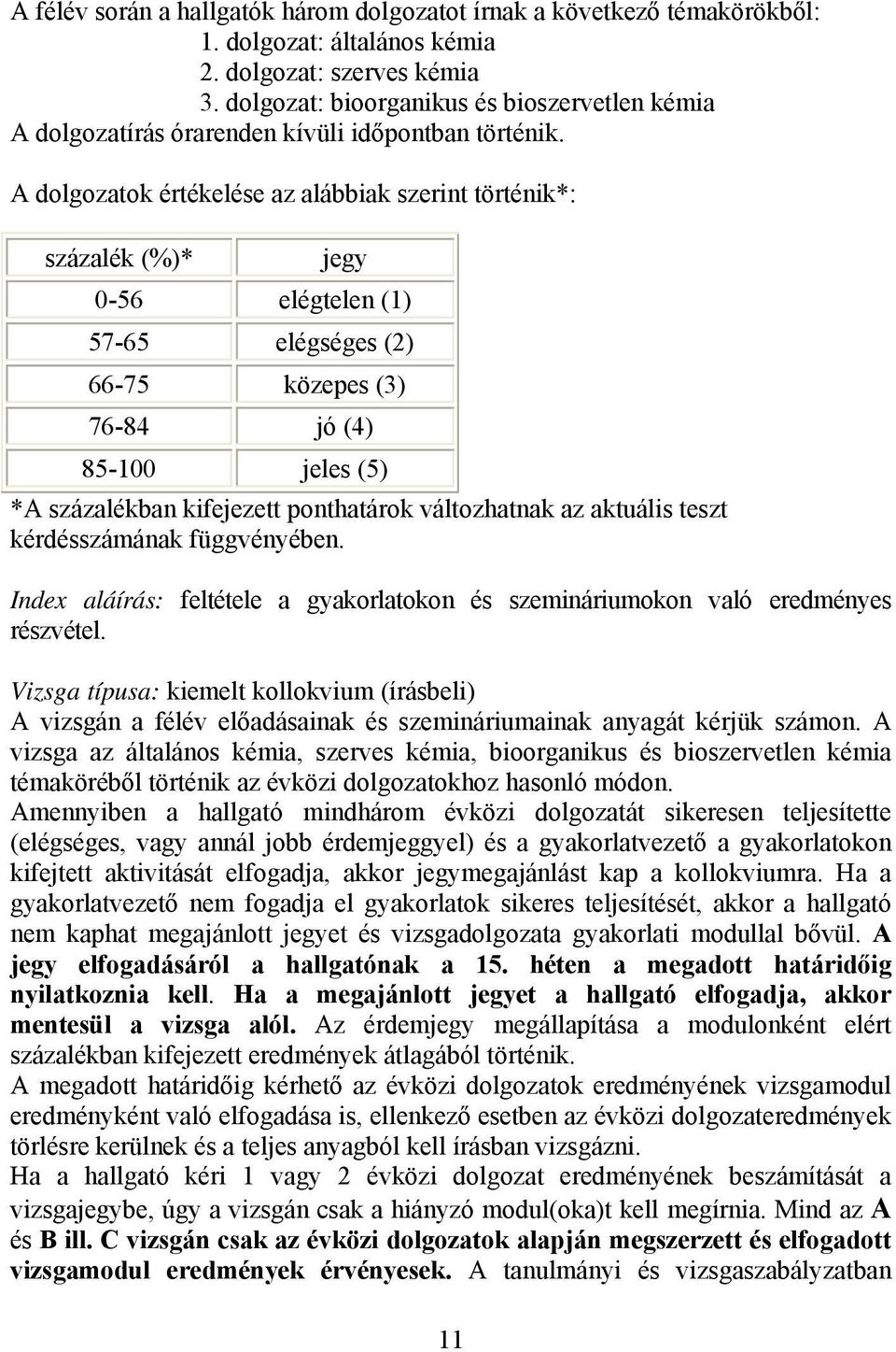 A dolgozatok értékelése az alábbiak szerint történik*: százalék (%)* jegy 0-56 elégtelen (1) 57-65 elégséges (2) 66-75 közepes (3) 76-84 jó (4) 85-100 jeles (5) *A százalékban kifejezett ponthatárok