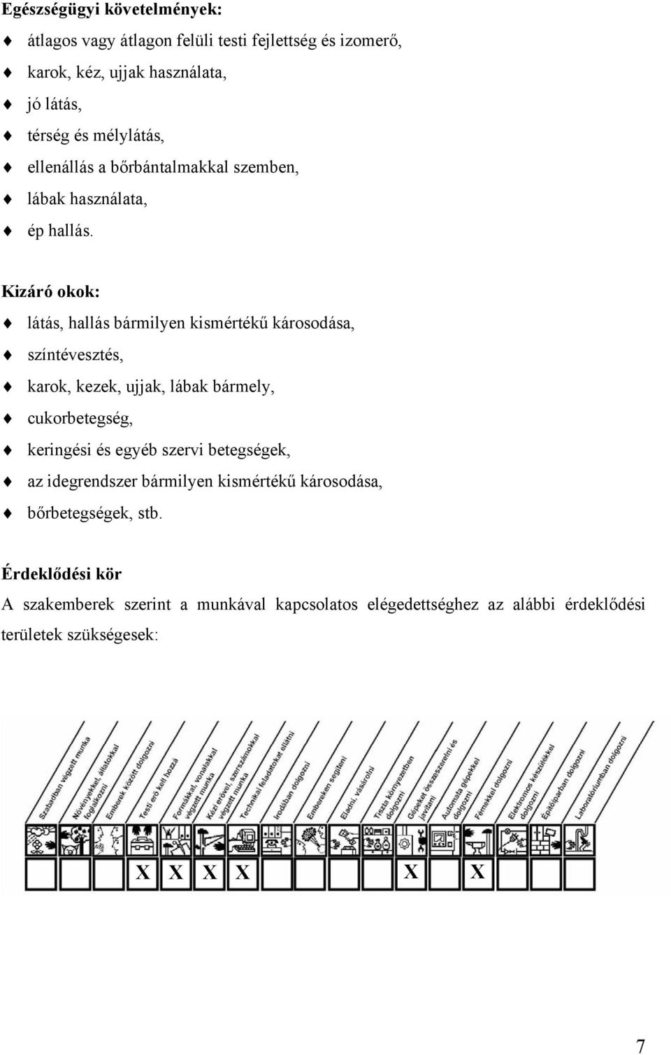 Kizáró okok: látás, hallás bármilyen kismértékű károsodása, színtévesztés, karok, kezek, ujjak, lábak bármely, cukorbetegség, keringési és egyéb