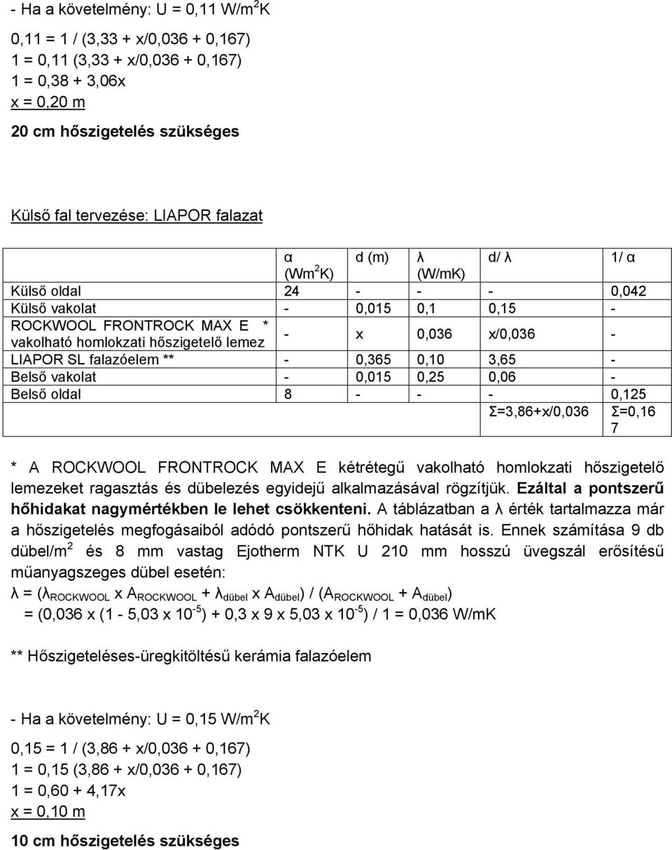 falazóelem ** - 0,365 0,10 3,65 - Belső vakolat - 0,015 0,25 0,06 - Belső oldal 8 - - - 0,125 Σ=3,86+x/0,036 Σ=0,16 7 * A ROCKWOOL FRONTROCK MAX E kétrétegű vakolható homlokzati hőszigetelő lemezeket