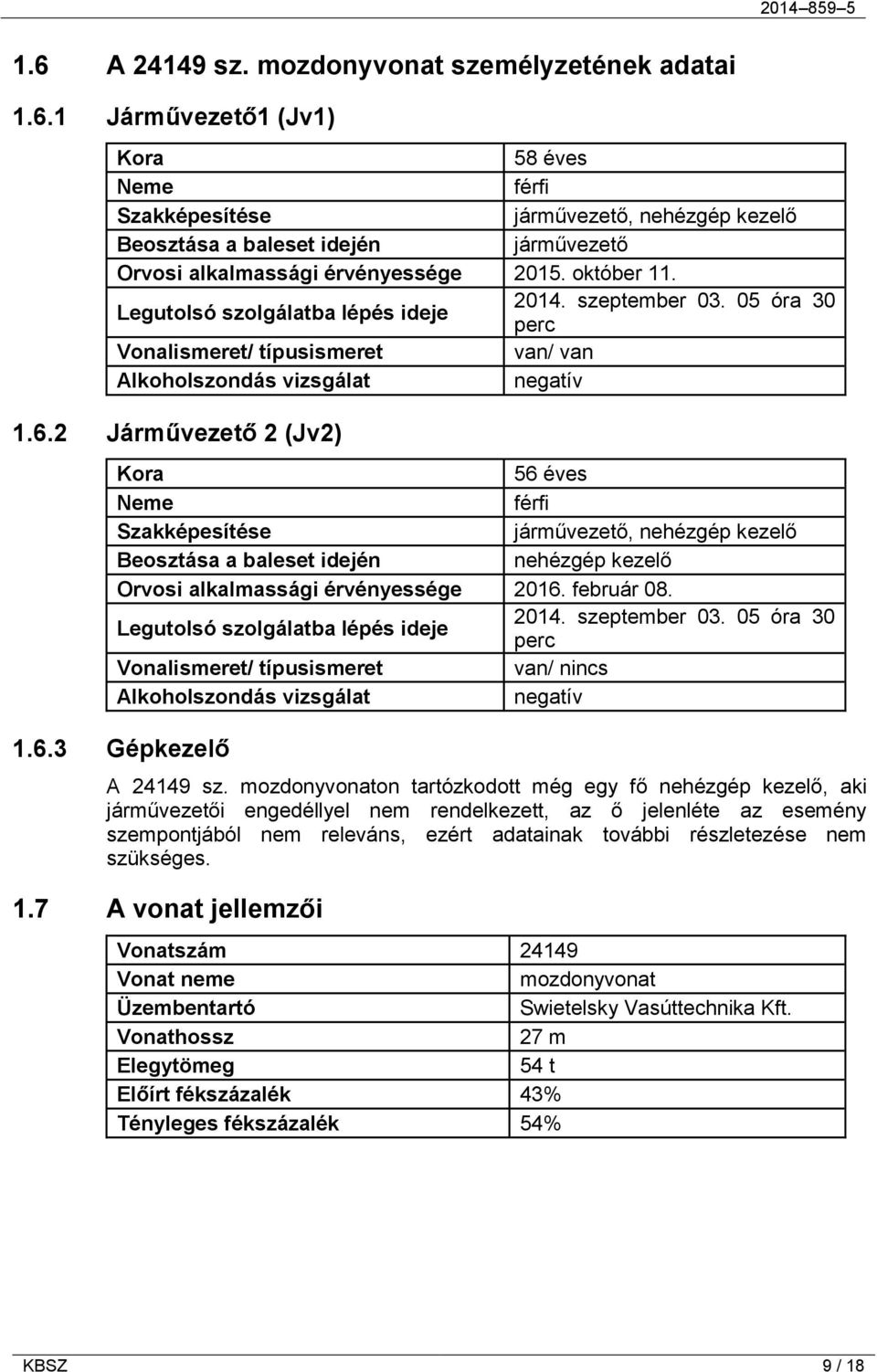 2 Járművezető 2 (Jv2) Kora 56 éves Neme férfi Szakképesítése járművezető, nehézgép kezelő Beosztása a baleset idején nehézgép kezelő Orvosi alkalmassági érvényessége 2016. február 08.