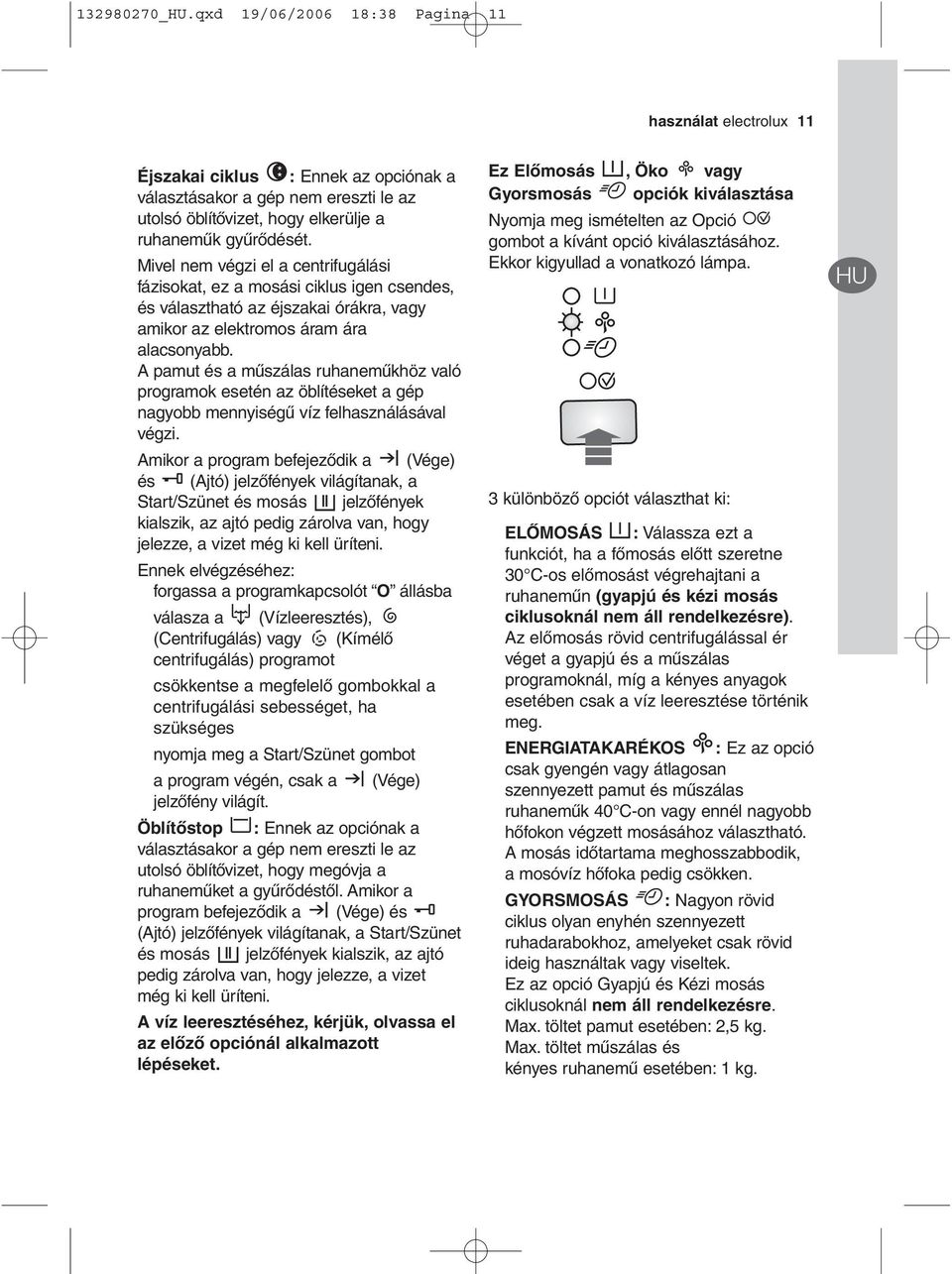 Mivel nem végzi el a centrifugálási fázisokat, ez a mosási ciklus igen csendes, és választható az éjszakai órákra, vagy amikor az elektromos áram ára alacsonyabb.