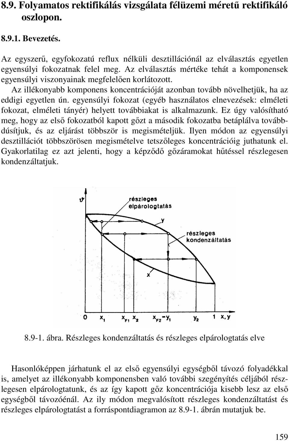 Az elválasztás mértéke tehát a komponensek egyensúlyi viszonyainak megfelelıen korlátozott. Az illékonyabb komponens koncentrációját azonban tovább növelhetjük, ha az eddigi egyetlen ún.