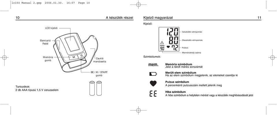 Szimbólumok: Memória szimbólum Jelzi a tárolt mérés sorszámát BE / KI / START gomb Merült elem szimbólum Ha az elem szimbólum