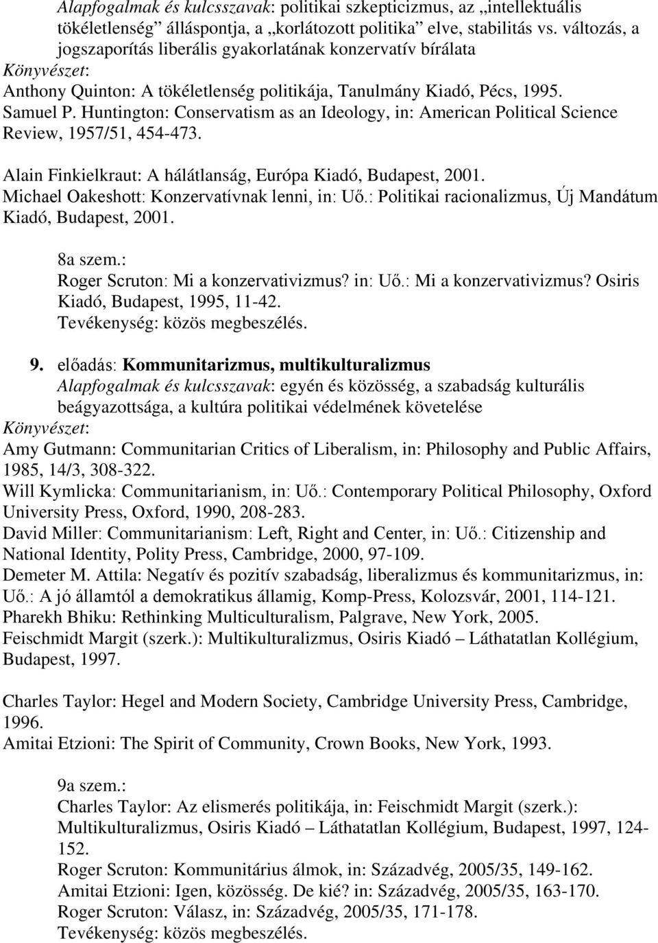 Huntington: Conservatism as an Ideology, in: American Political Science Review, 1957/51, 454-473. Alain Finkielkraut: A hálátlanság, Európa Kiadó, Budapest, 2001.