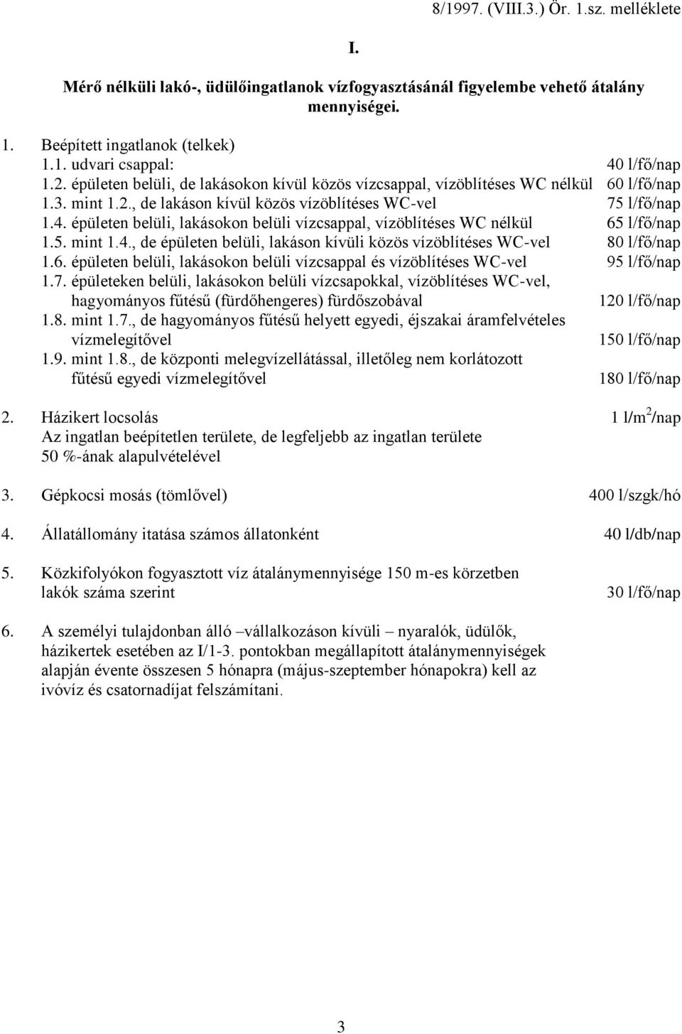 épületen belüli, lakásokon belüli vízcsappal, vízöblítéses WC nélkül 65 l/fő/nap 1.5. mint 1.4., de épületen belüli, lakáson kívüli közös vízöblítéses WC-vel 80 l/fő/nap 1.6. épületen belüli, lakásokon belüli vízcsappal és vízöblítéses WC-vel 95 l/fő/nap 1.