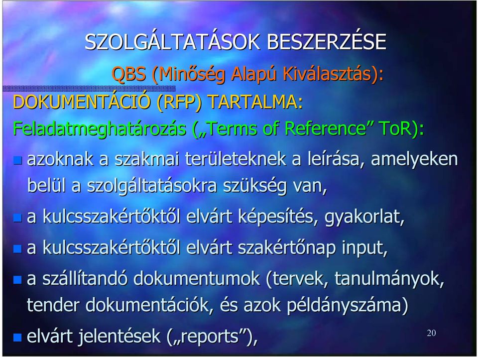 kulcsszakértőktől elvárt képesítés, gyakorlat, a kulcsszakértőktől elvárt szakértőnap input, a szállítandó