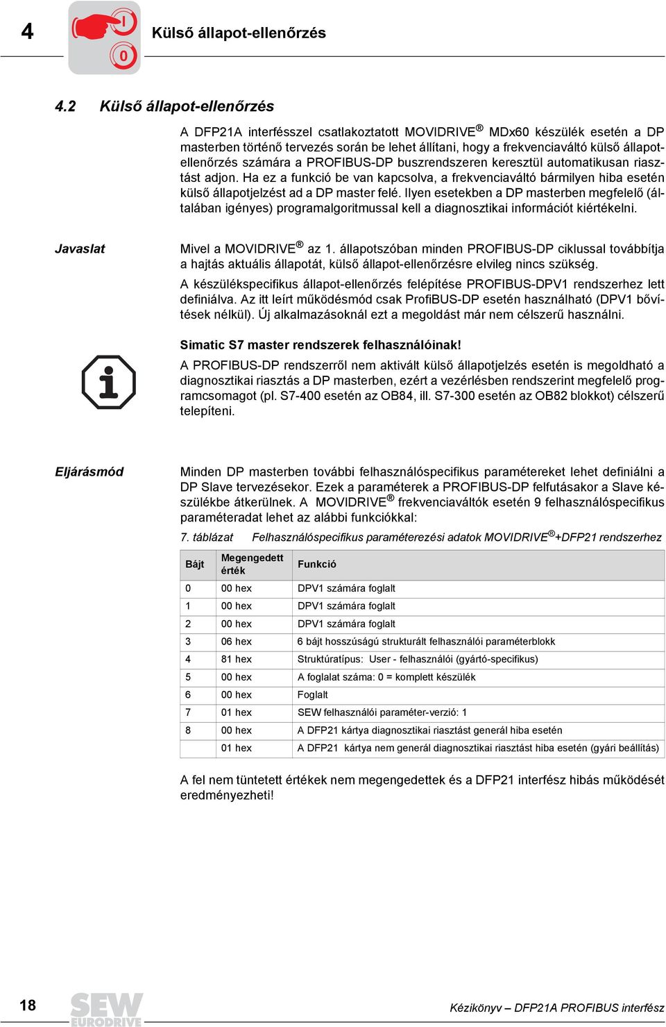 állapotellenőrzés számára a PROFIBUS-DP buszrendszeren keresztül automatikusan riasztást adjon.