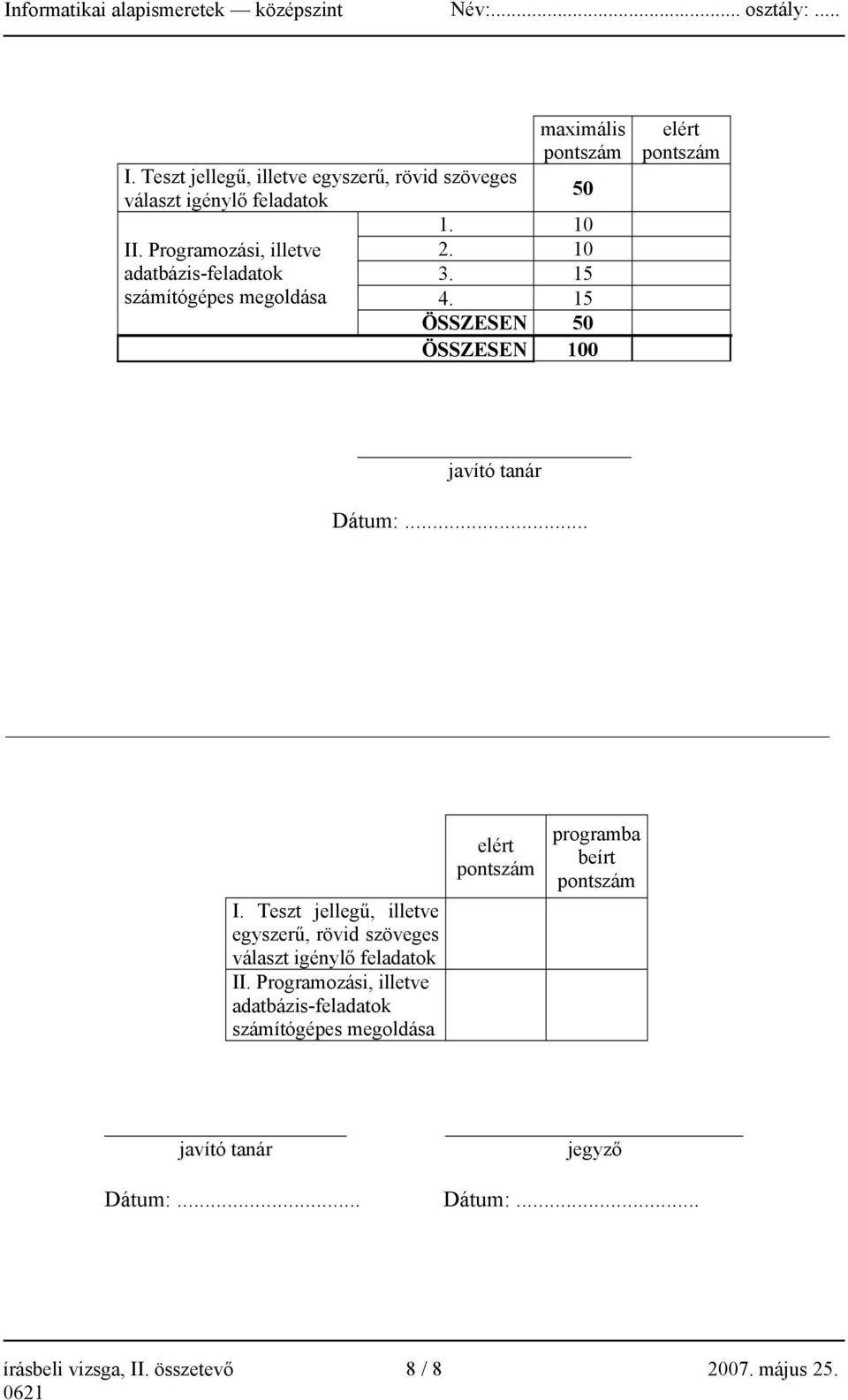 15 ÖSSZESEN 50 ÖSSZESEN 100 elért pontszám javító tanár Dátum:.