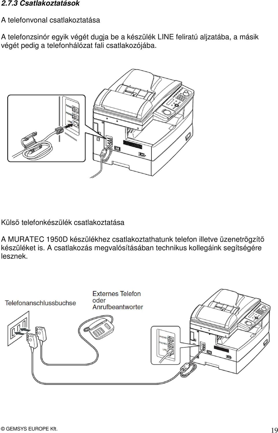 Külső telefonkészülék csatlakoztatása A MURATEC 1950D készülékhez csatlakoztathatunk telefon