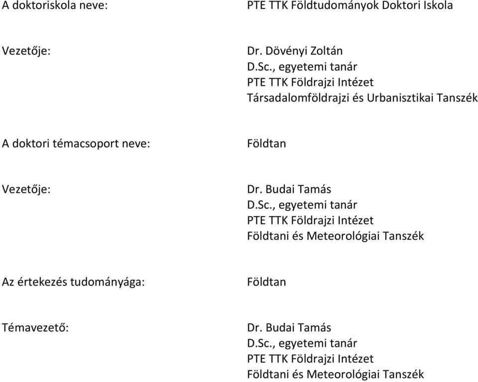 Földtan Vezetője: Dr. Budai Tamás D.Sc.