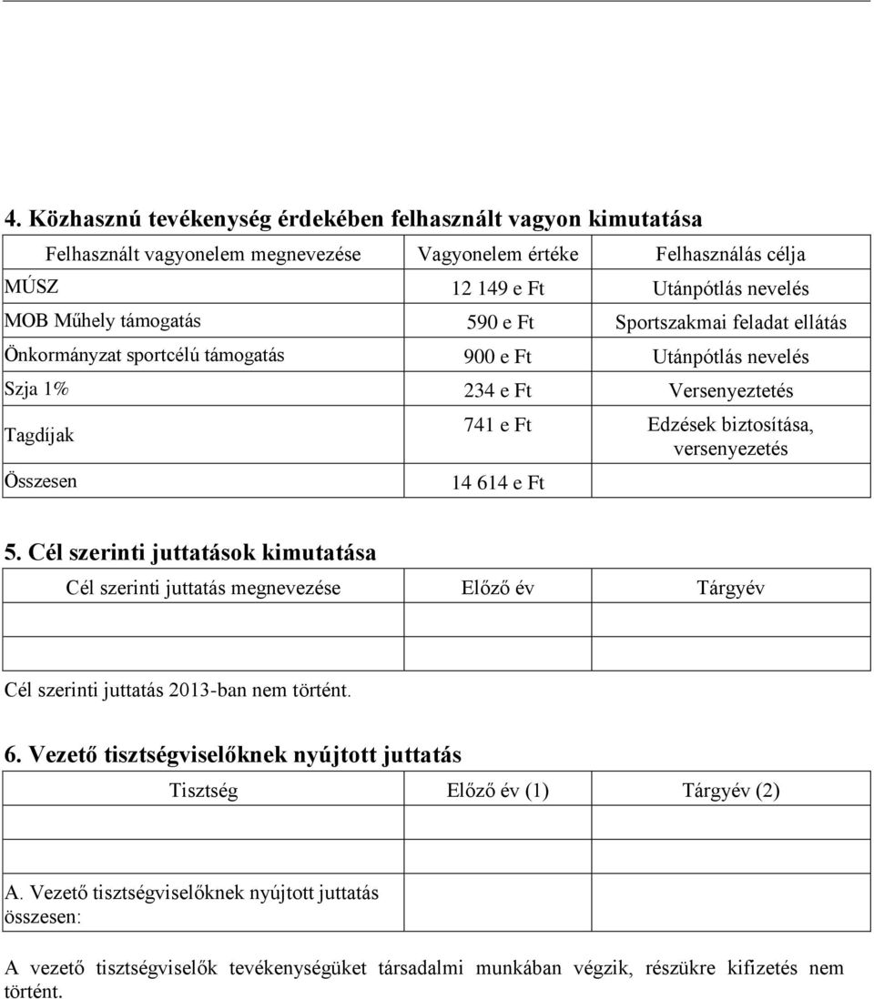 versenyezetés 14 614 e Ft 5. Cél szerinti juttatások kimutatása Cél szerinti juttatás megnevezése Előző év Tárgyév Cél szerinti juttatás 2013-ban nem történt. 6. Vezető tisztségviselőknek nyújtott juttatás Tisztség Előző év (1) Tárgyév (2) A.