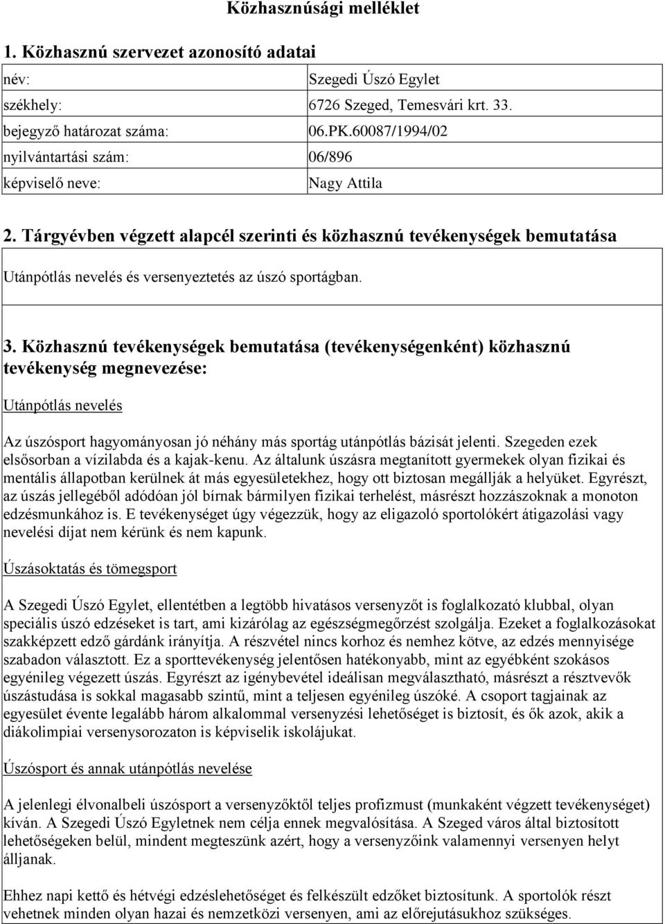 Tárgyévben végzett alapcél szerinti és közhasznú tevékenységek bemutatása Utánpótlás nevelés és versenyeztetés az úszó sportágban. 3.