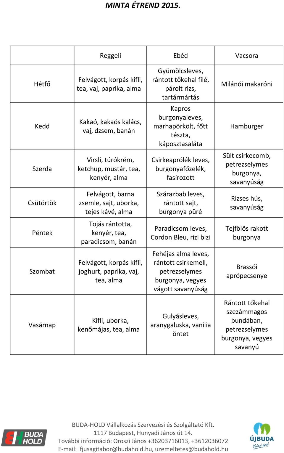 banán Kapros burgonyaleves, marhapörkölt, főtt tészta, káposztasaláta Hamburger Szerda Virsli, túrókrém, ketchup, mustár, tea, kenyér, alma Csirkeaprólék leves, burgonyafőzelék, fasírozott Sült