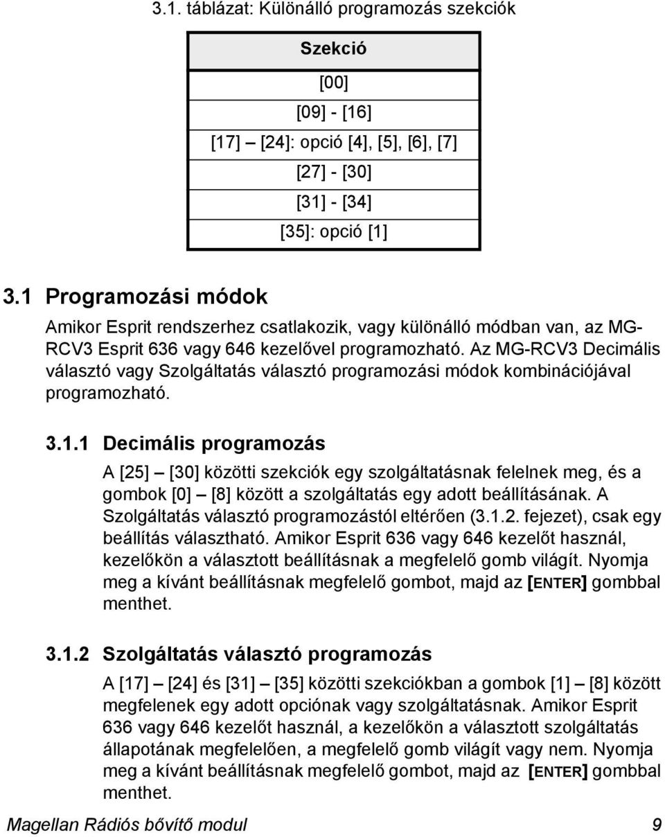 Az MG-RCV3 Decimális választó vagy Szolgáltatás választó programozási módok kombinációjával programozható. 3.1.