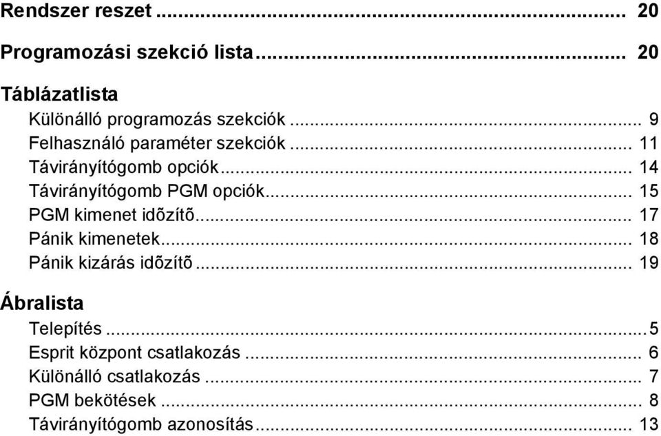 .. 15 PGM kimenet idõzítõ... 17 Pánik kimenetek... 18 Pánik kizárás idõzítõ... 19 Ábralista Telepítés.